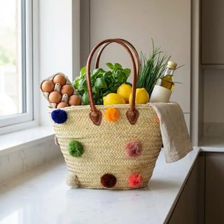 Woven Market Basket with Leather Handles and Pom Poms