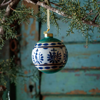 Blue Green and White Hand Painted Medallion Porcelain Heirloom Glass Ornament