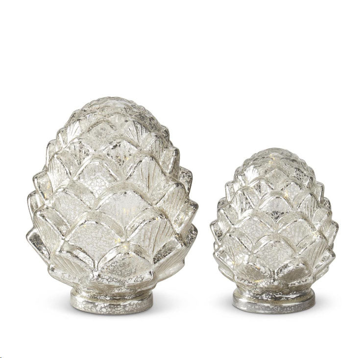 Set of 2 Silver Mercury Glass LED Artichokes w/Timers