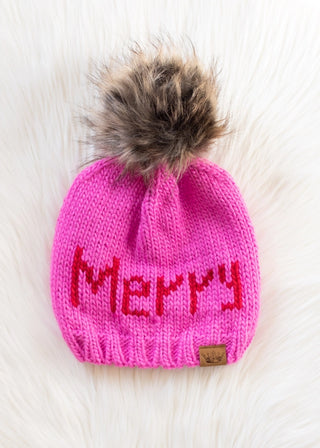 Pink and Red Merry Knit Pom Pom Hat