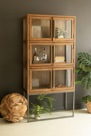 Wood And Metal Display Cabinet with Framed Glass Doors