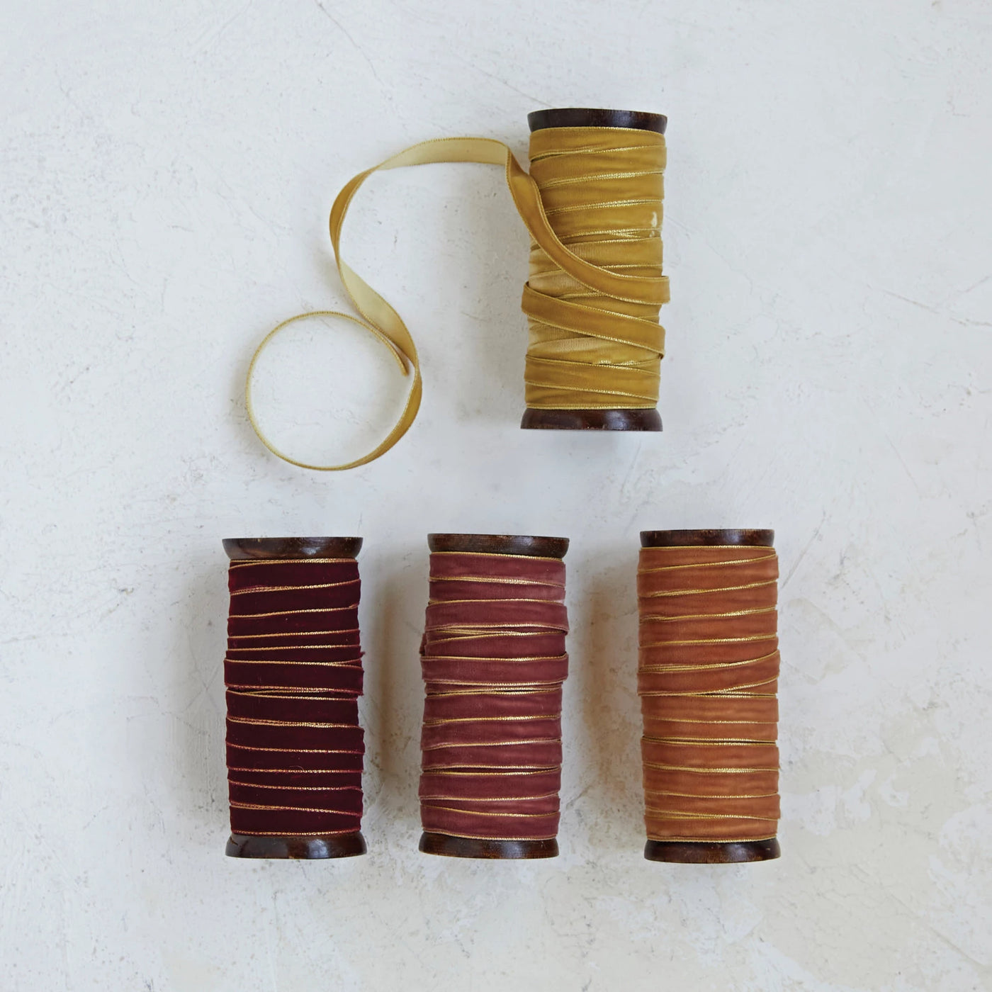 10 Yards Wooden Spool with Velvet Ribbon with Gold Edge - Choose From 4 Colors