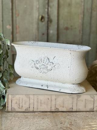 15" Distressed White Metal Planter