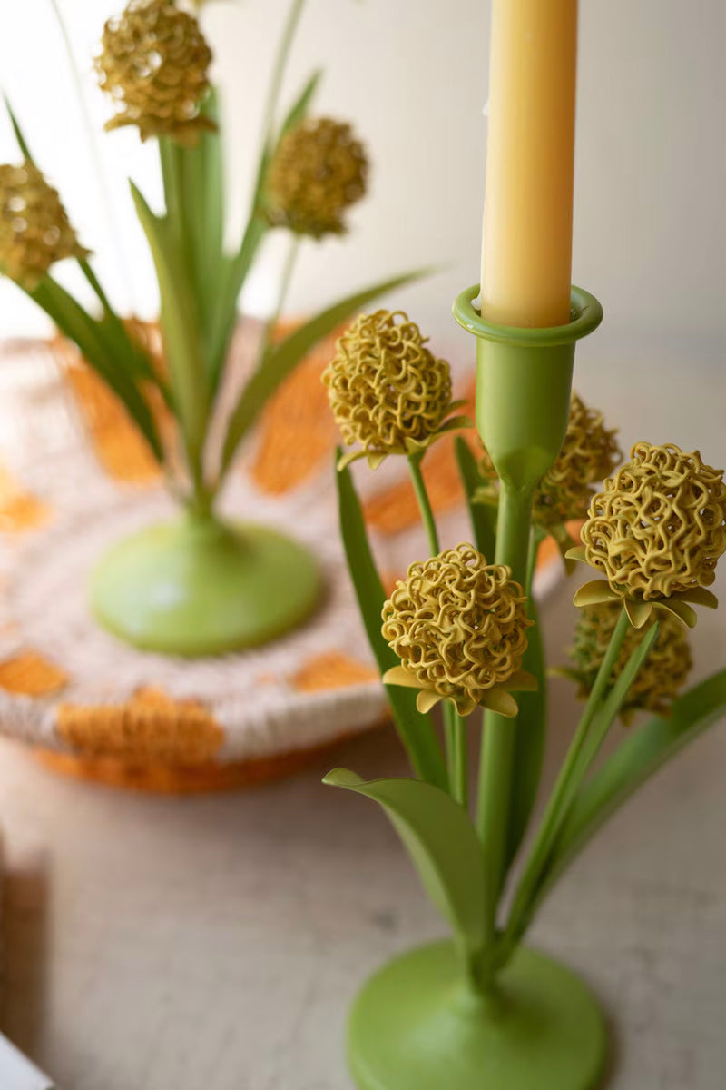 Set of 2 Toleware Metal Yellow Flowers Taper Candle Holders
