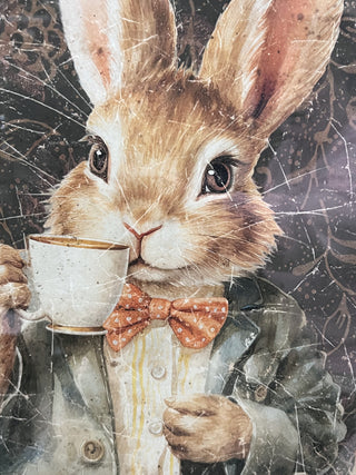 Oval Shaped Weathered Framed Bunny Sipping Tea