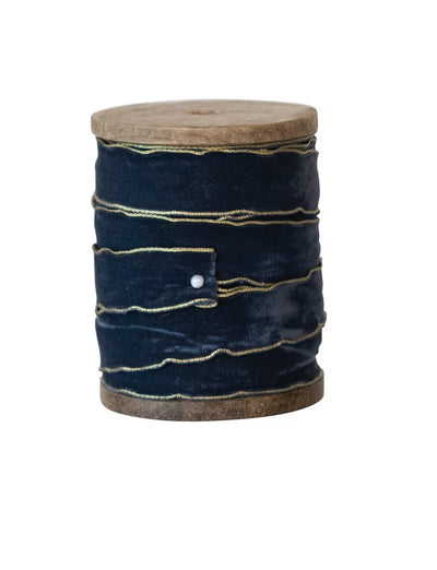 Wooden Spool with Velvet Ribbon - Choose From 3 Shades of Blue