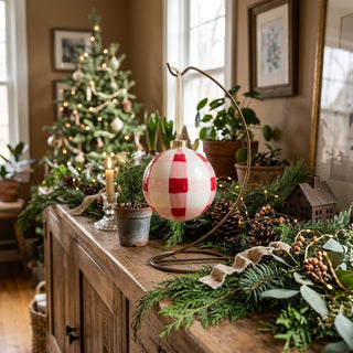 4" Pink, Red and White Plaid Hand Painted Glass Ball Ornament