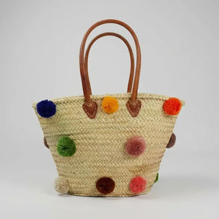 Woven Market Basket with Leather Handles and Pom Poms