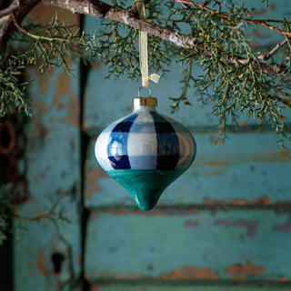 Blue Light Blue and Green and White Plaid Hand Painted Glass Onion Ornament
