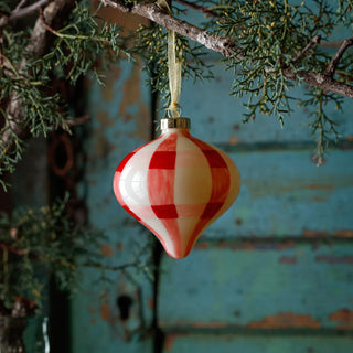 Pink, Red and White Plaid Hand Painted Glass Onion Ornament