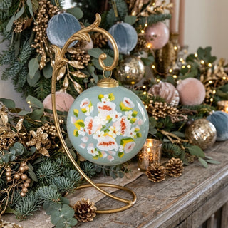 Translucent Blue Glass Ornament with Floral Design - Choose Size