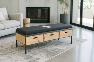 Charcoal Danish Military Blanket Bench Made With Repurposed Harvest Boxes