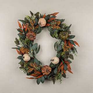30" Eucalyptus and Pumpkin Oval Autumn Wreath