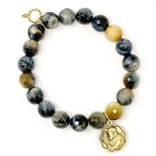 Powerbeads by Jen - Caramel Latte Tiger Eye with Gold Scalloped Padre Pio Bracelet