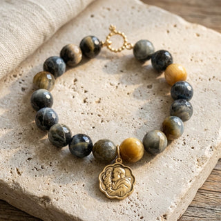 Powerbeads by Jen - Caramel Latte Tiger Eye with Gold Scalloped Padre Pio Bracelet