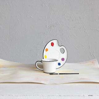 3 Piece Stoneware Paint Palette Cup and Saucer with Paint Brush Stirrer