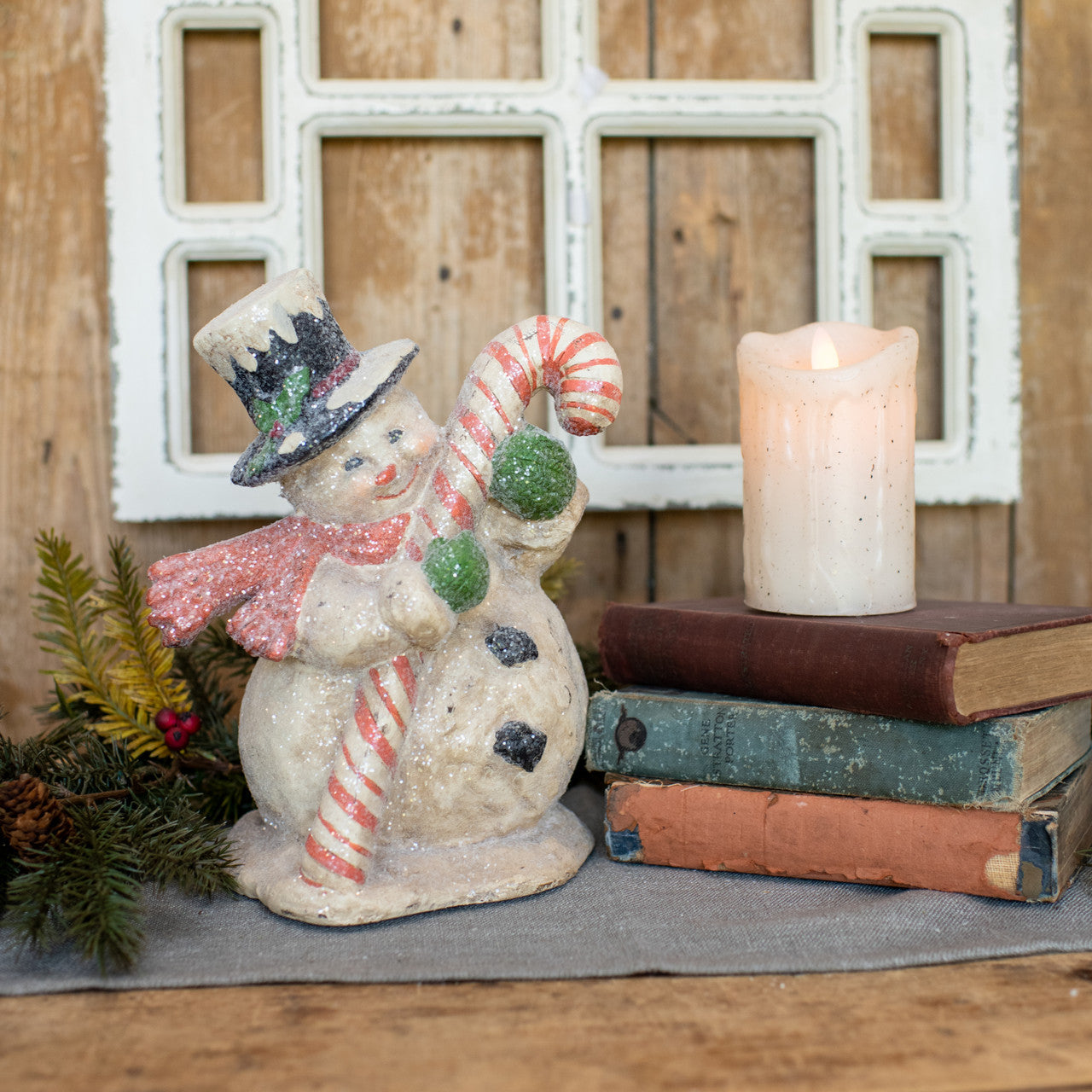 Vintage Style Paper Mache Snowman with Candy Cane