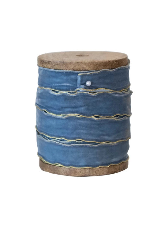 Wooden Spool with Velvet Ribbon - Choose From 3 Shades of Blue