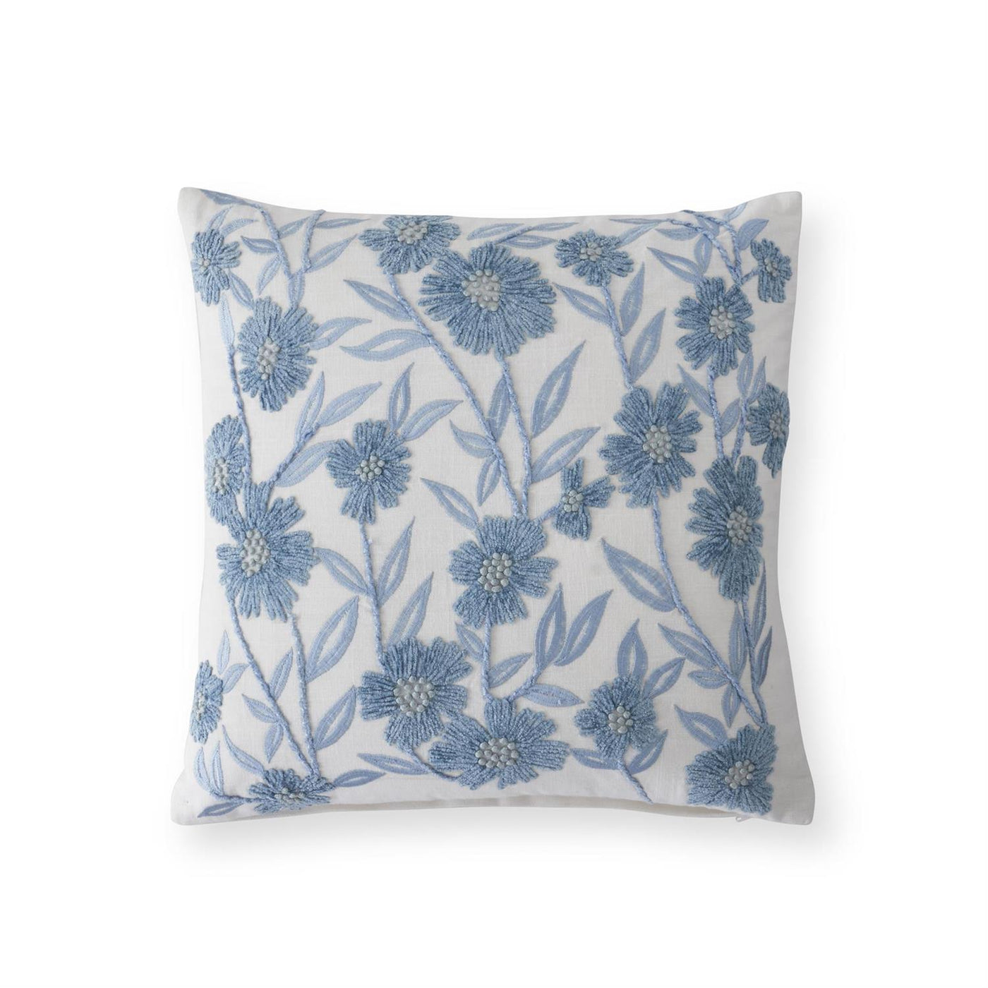 18" White Linen & Blue Embroidered Floral Pillow