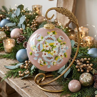 Translucent Pink Glass Ornament with Floral Design - Choose Size