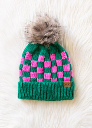 Green and Pink Knit Pom Pom Hat