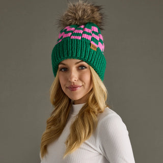 Green and Pink Knit Pom Pom Hat