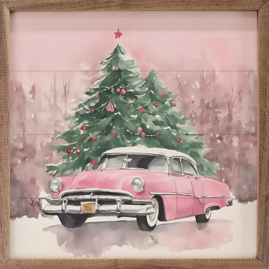 Pink Car with Christmas Tree Wall Art