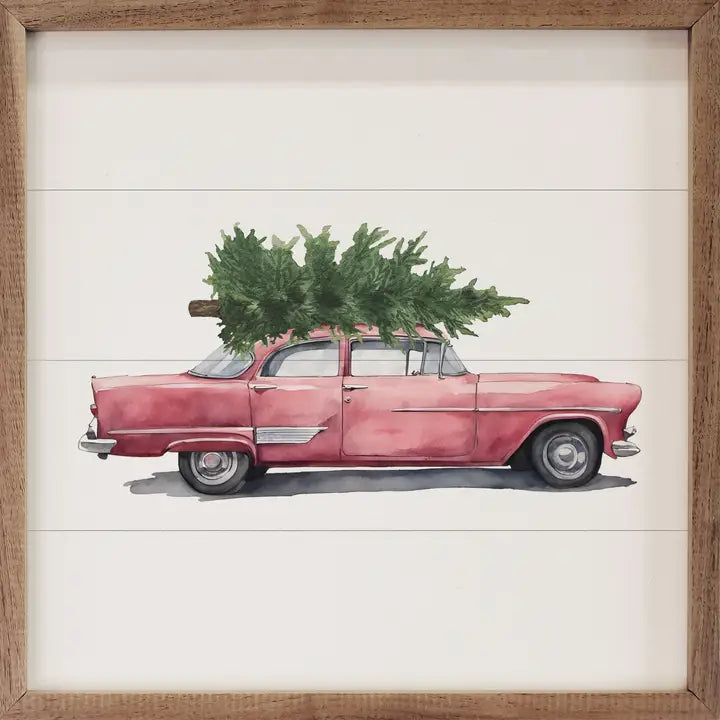 Pink Car Bringing Home The Christmas Tree Wall Art