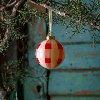 3" Pink, Red and White Plaid Hand Painted Glass Ball Ornament