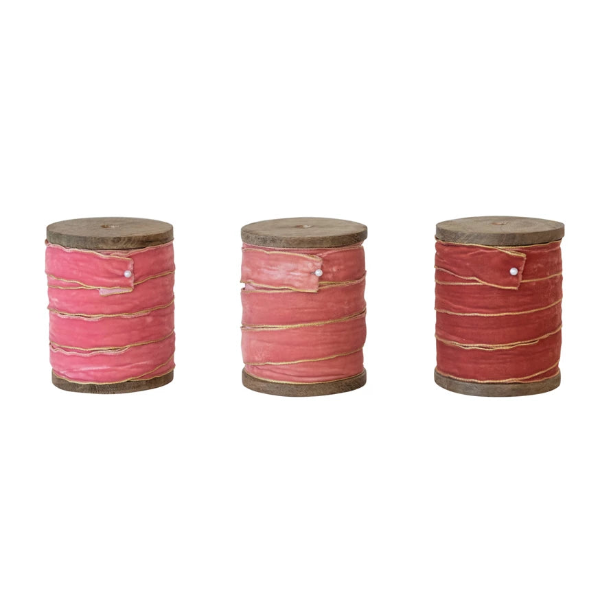 Wooden Spool with Velvet Ribbon - Choose From 3 Shades of Pink