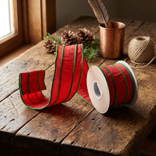 5 Yards Festive Pleated Red & Green Dupioni Ribbon