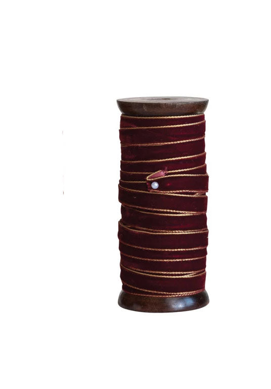 10 Yards Wooden Spool with Velvet Ribbon with Gold Edge - Choose From 4 Colors