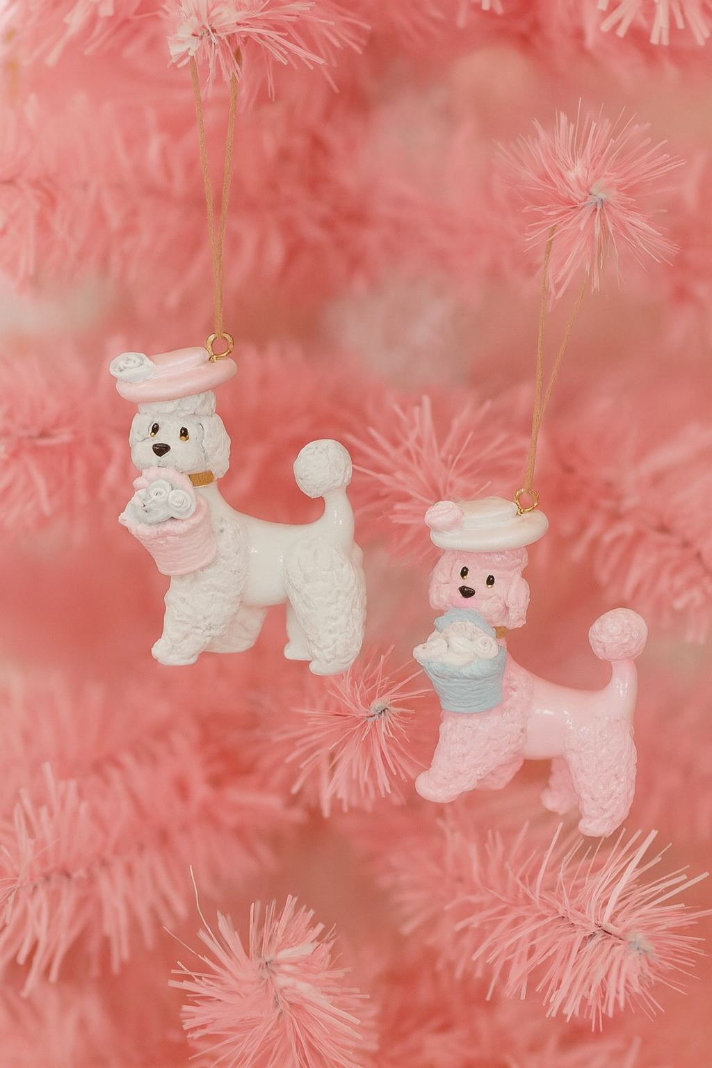 Resin Vintage Style Pink Poodle Ornament with Flowers