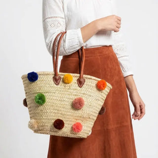 Woven Market Basket with Leather Handles and Pom Poms