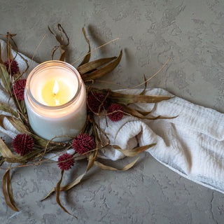 Burgundy Pom Pom and Faux Twig Candle Ring