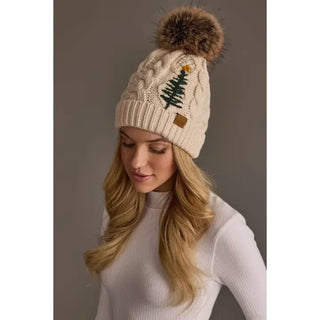 Beige Cable Knit Faux Fur Pom Pom Hat with Embroidered Tree