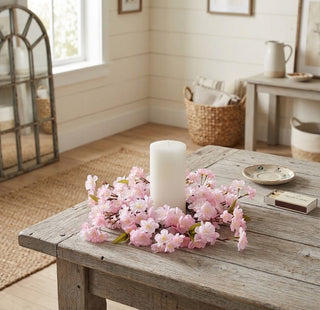 14" Soft Pink Cherry Blossom Candle Ring Wreath