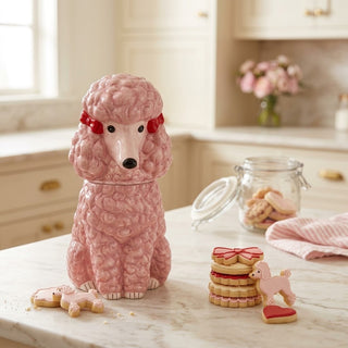 Ceramic Pink Poodle Shaped Cookie Jar with Bows