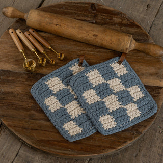 Set of 2 Dusty Blue and Cream Knit Potholders