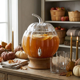 Glass Pumpkin Beverage Dispenser with Wood Stand