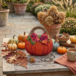 Mary Frances Harvest Garden Pumpkin and Floral Top Handle Bag