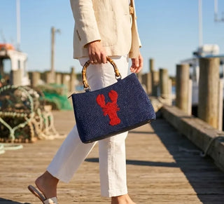 Navy Beaded Lobster Handbag with Bamboo Handle