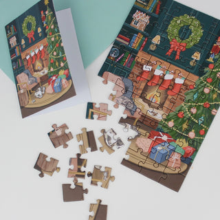 Puzzle Holiday Greeting Card - Cozy Fireplace