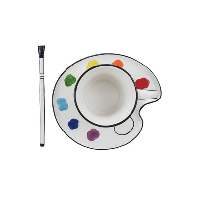 3 Piece Stoneware Paint Palette Cup and Saucer with Paint Brush Stirrer