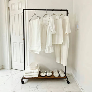 Metal Garment Rack with Wood Shelf and Lockable Wheels