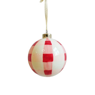 4" Pink, Red and White Plaid Hand Painted Glass Ball Ornament