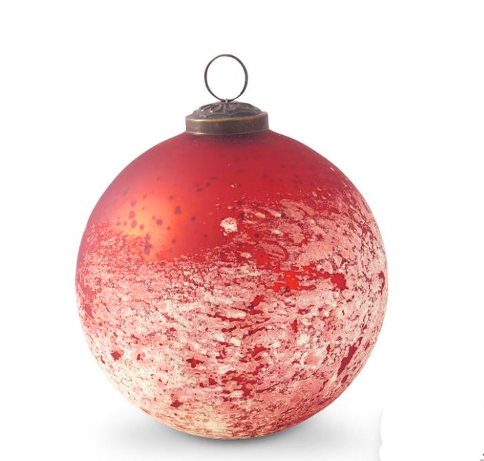 5 Inch Red & Half White Speckled Glass Ornament Christmas Ball