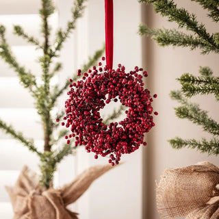 Red Wooden Bead Berry Wreath With Velvet Hanger Ornament