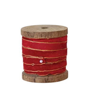 10 Yards Wooden Spool with Velvet Ribbon with Gold Edge - Choose From 3 Colors