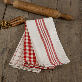 Set of 3 Kitchen Towels - Red and Cream